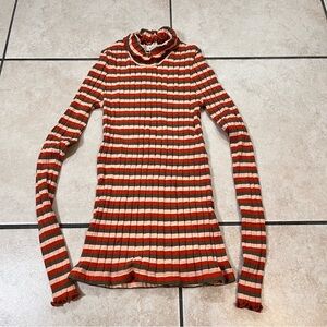 Madewell Ruffle Neck Top Orange Brown Sz XXS Long‎ Sleeve Mock Neck Fitted Retro
